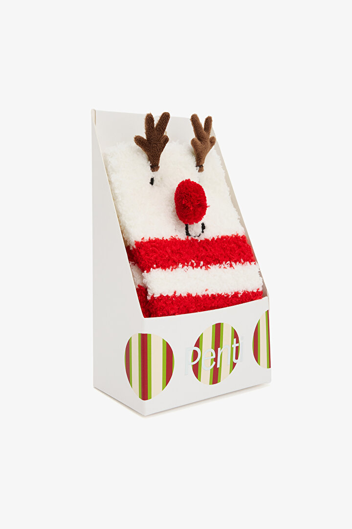 Kırık Beyaz Ponponlu Geyik Desenli Çizgili Yılbaşı Soket Çorap - 2