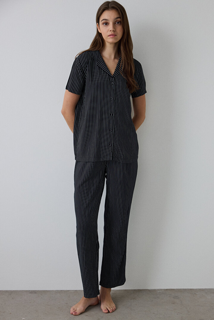 White Striped Shirt Short Black PJ  Set - 1
