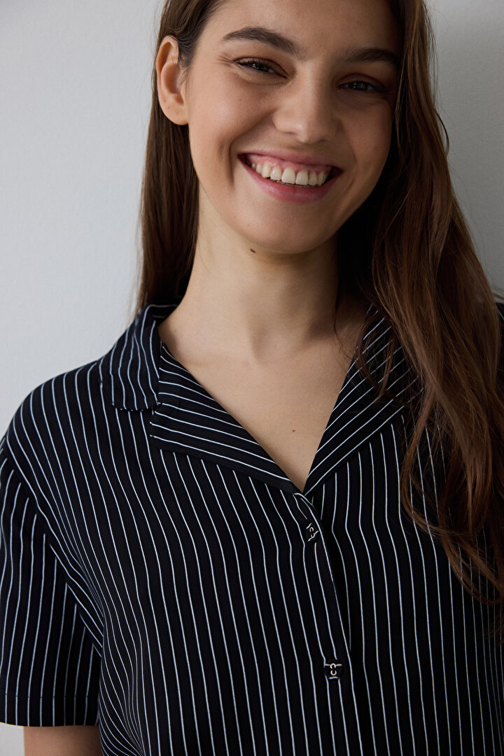 White Striped Shirt Short Black PJ  Set - 2