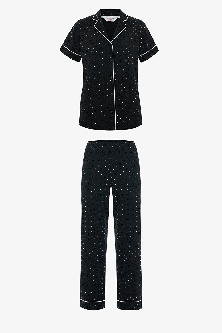 Siyah Polka Dot Gömlek Pantolon Pijama Takımı - 1