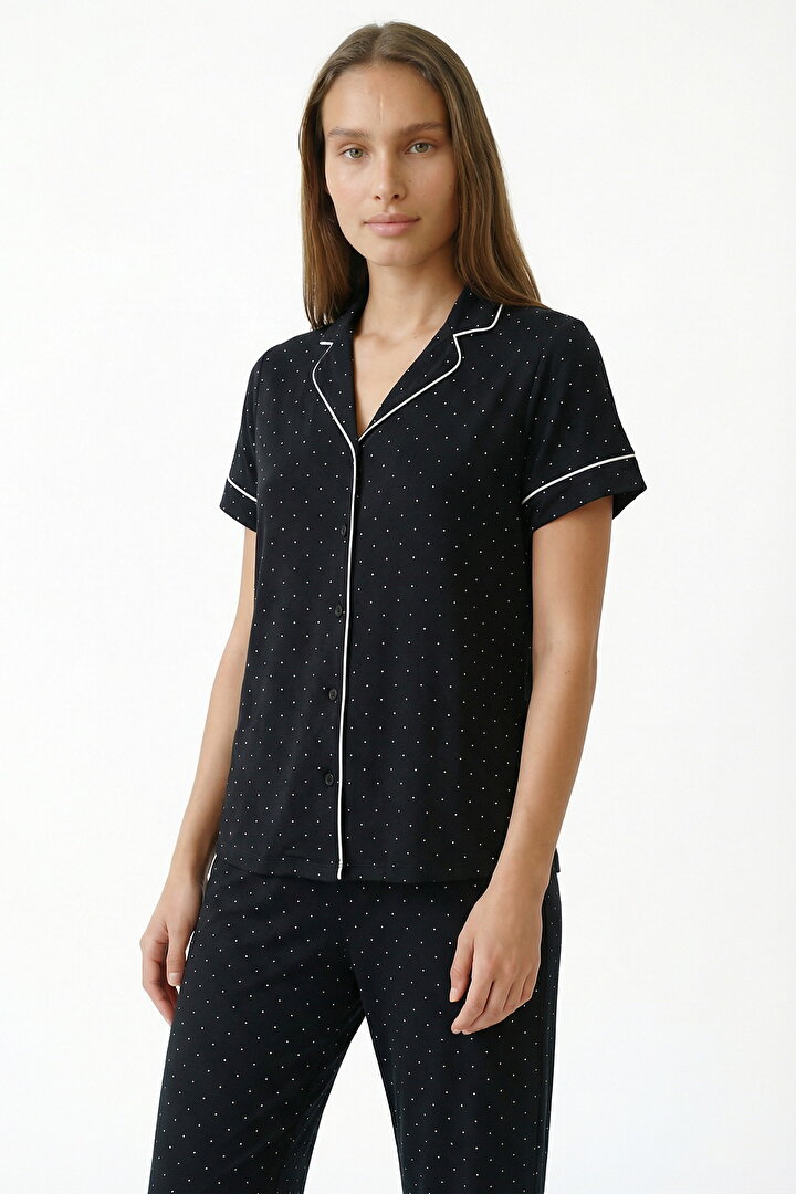 Siyah Polka Dot Gömlek Pantolon Pijama Takımı - 2