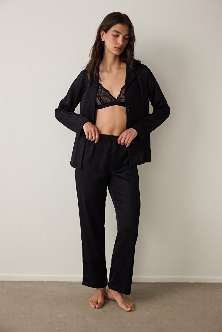 Siyah Fleur Saten Gömlek Yaka Uzun Kollu Pijama Takımı - 1