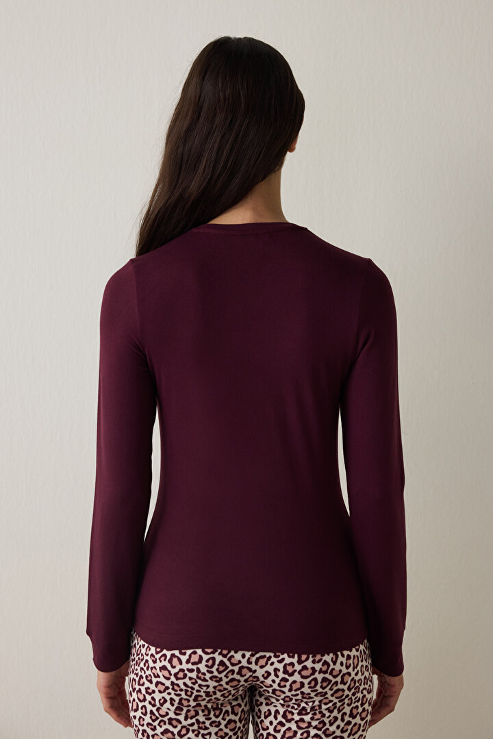 Bordo Bisiklet Yaka Sloganlı Uzun Kollu Pijama Üstü - 2