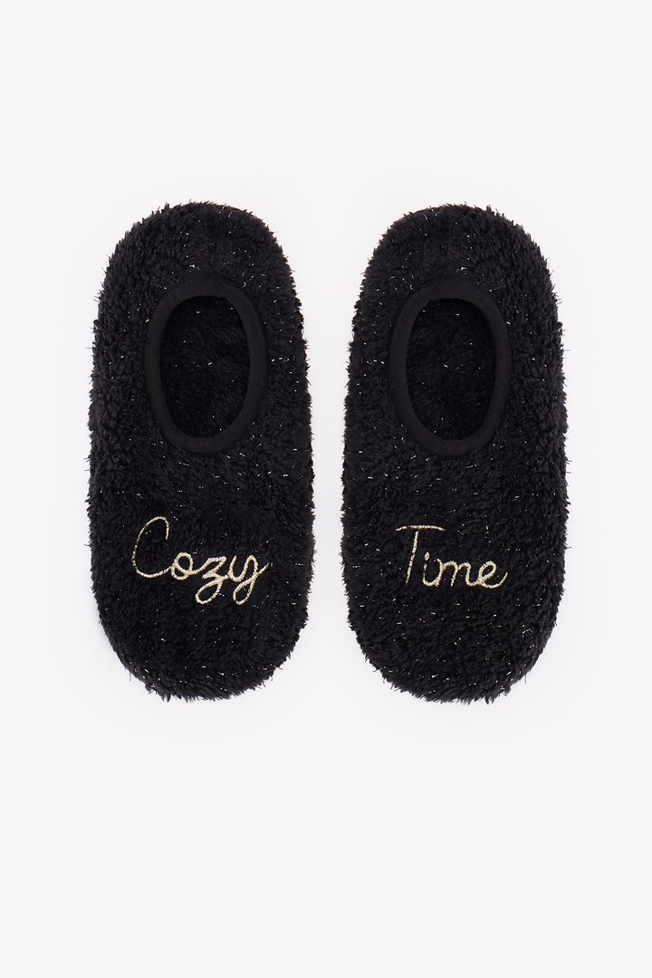 Black Cozy Time Slogan Print Slipper Socks - 1