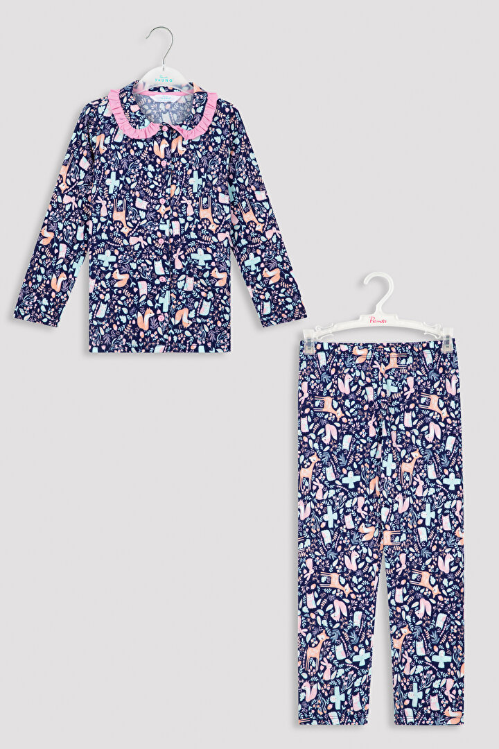 Çok Renkli Kız Çocuk Fırfır Yaka Detaylı Desenli Pijama Takımı - 1