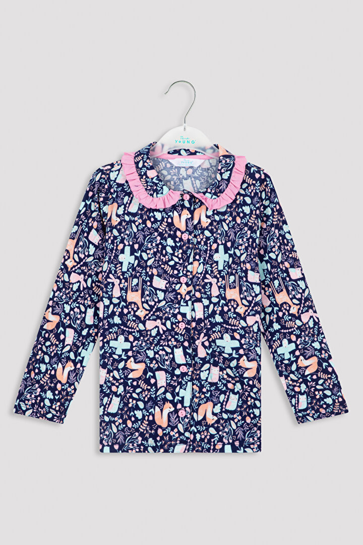Çok Renkli Kız Çocuk Fırfır Yaka Detaylı Desenli Pijama Takımı - 2