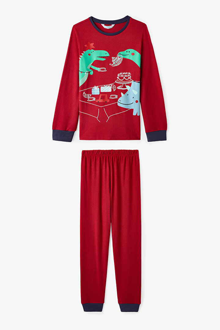 Kırmızı Erkek Çocuk Dinozor Baskılı Uzun Kollu Pijama Takımı - 1