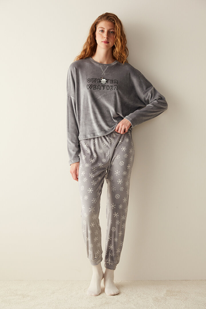 Penguen Baskılı Fuzzy Sweatshirt Gri Pijama Üstü - 1