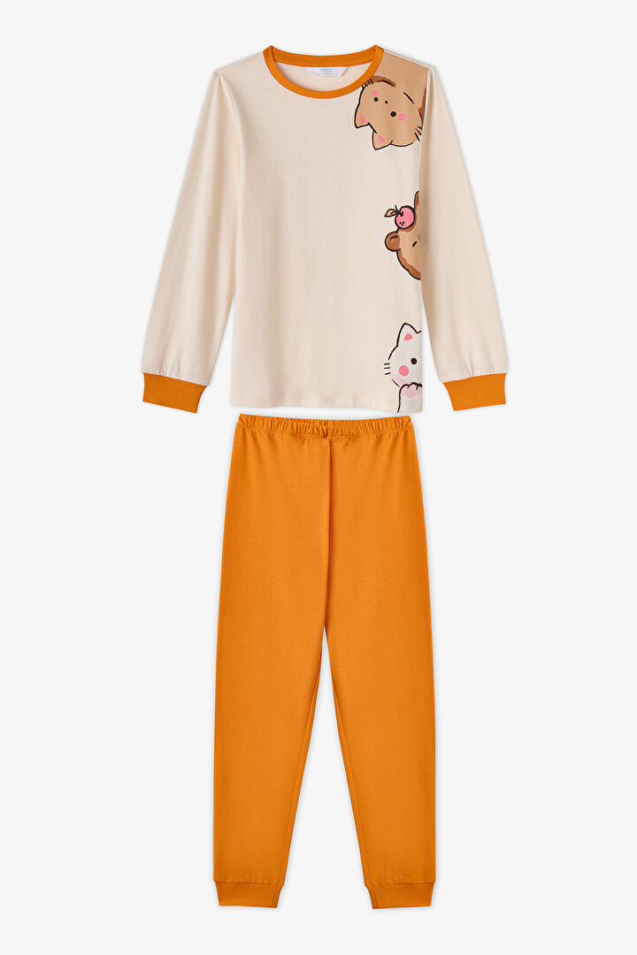 Kız Çocuk Turuncu Don't Worry Pamuklu Uzun Kollu 2'li Pijama Takımı - 2