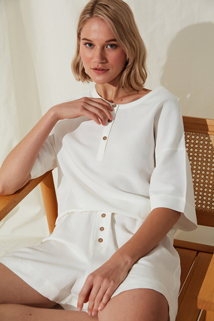 Brea Beyaz Keten Tişört Pijama Üstü - 1