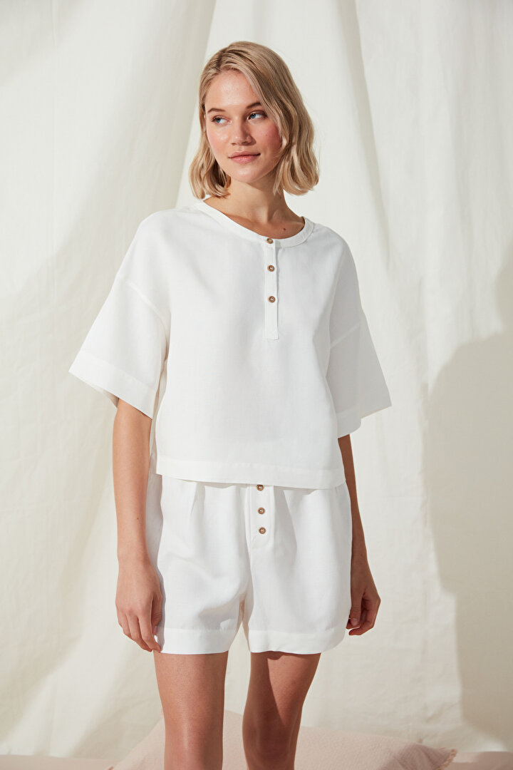 Brea White Linen Tshirt PJ Top - 2