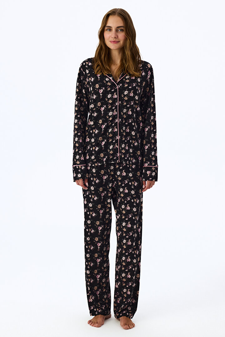 Siyah Floral Dream Uzun Kollu Gömlek Pantolon Pijama Takımı - 1