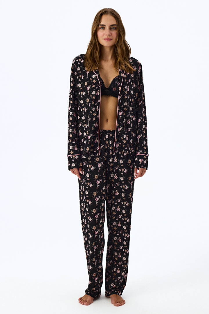 Siyah Floral Dream Uzun Kollu Gömlek Pantolon Pijama Takımı - 2