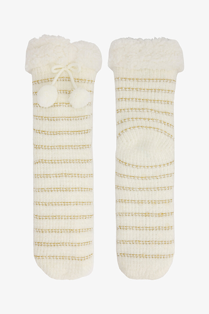 Off White Gold Striped Pompom Home Socks - 1