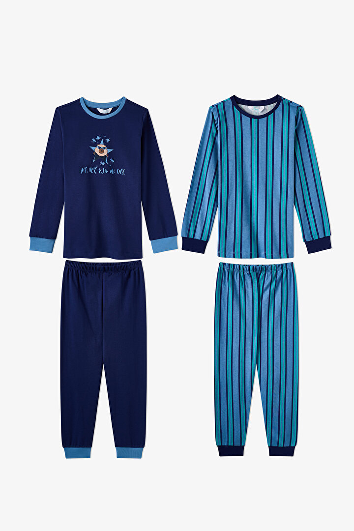 Erkek Çocuk Mavi Rockstar Capy Pamuklu Uzun Kollu 2'li Pijama Takımı - 1