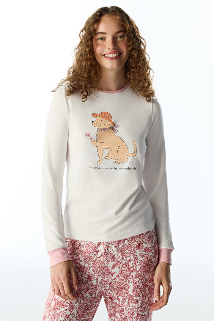 Kırık Beyaz Countryside Köpek Desenli Uzun Kollu Tişört Pijama Üstü - 2