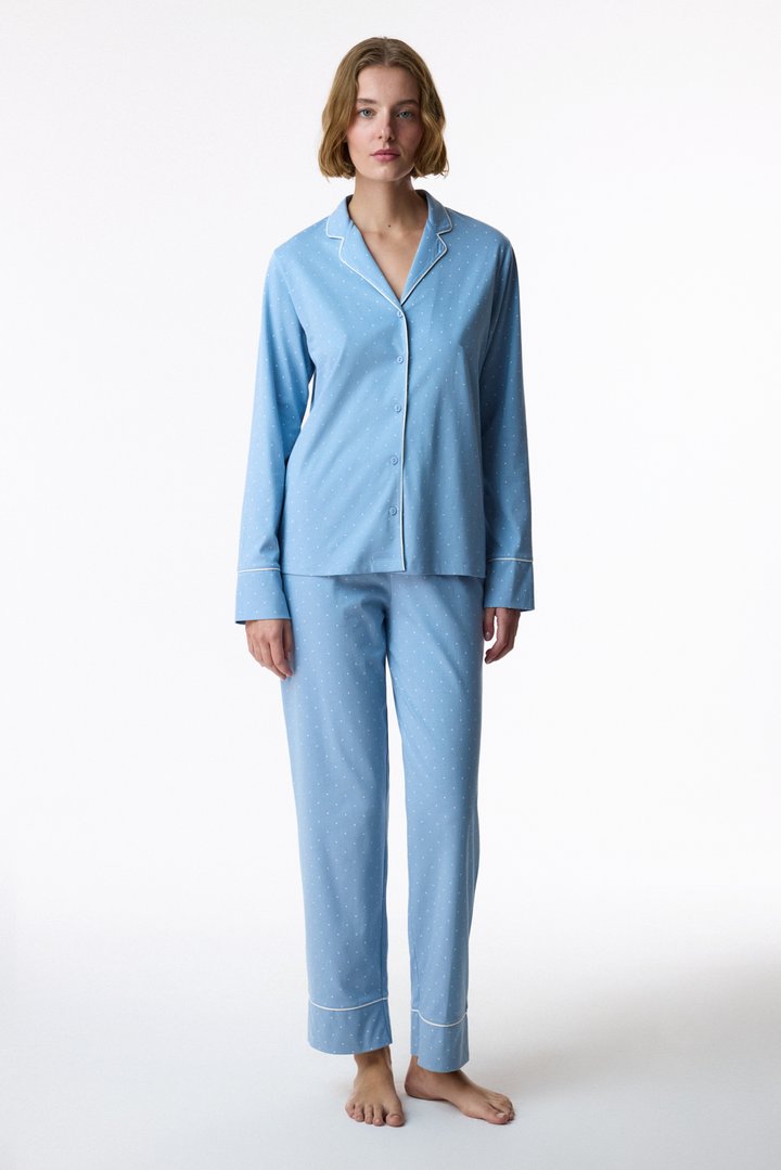 Blue Winter Story Polka Dot Long Sleeve Shirt & Trouser Pyjama Set - 1