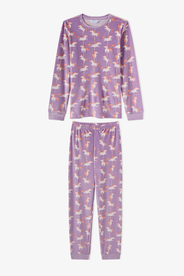 Kız Çocuk Lila Unicorn Carousel Tef Uzun Kollu Pijama Takımı - 1