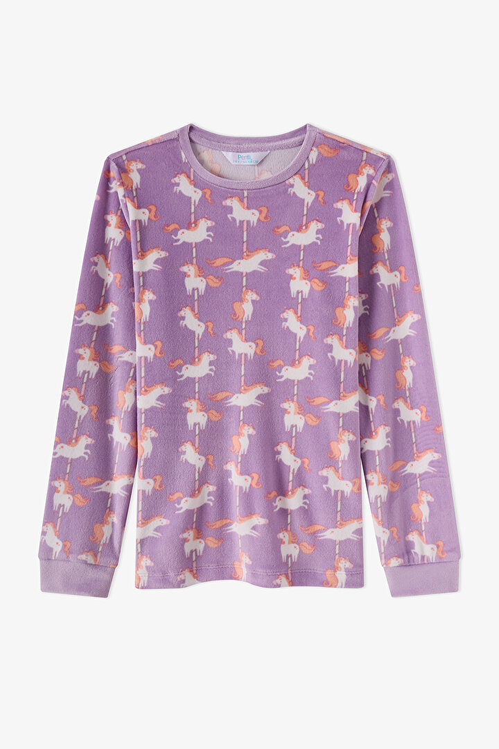 Kız Çocuk Lila Unicorn Carousel Tef Uzun Kollu Pijama Takımı - 2