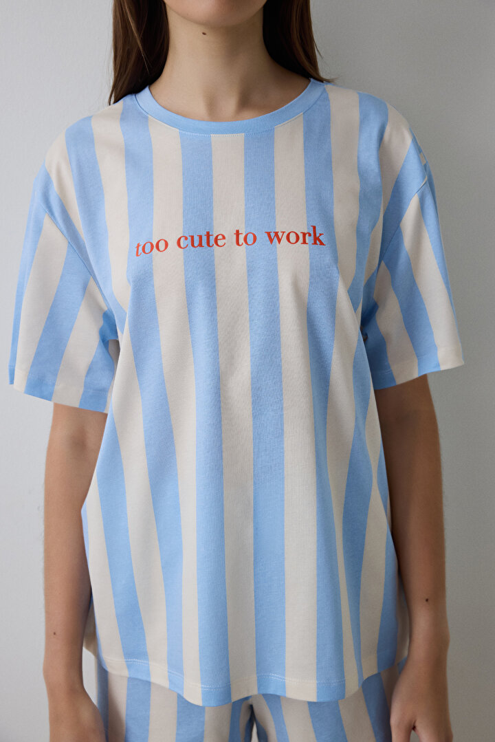 Açık Mavi Cute To Work Çizgili Bisiklet Yaka Kısa Kollu Şortlu Pijama Takımı - 2