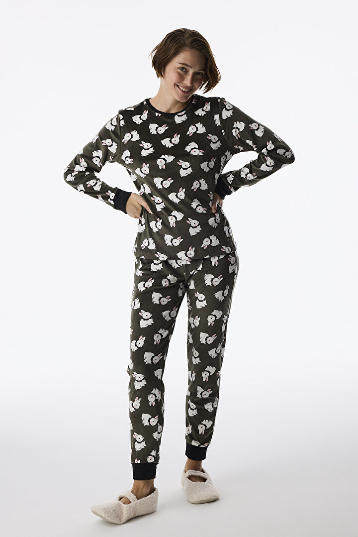 Haki Cute Bunny Fuzzy Pantolon Uzun Kollu Pijama Takımı - 1