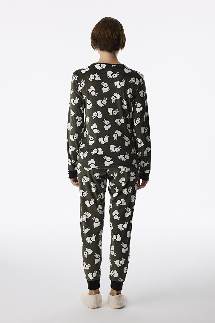 Haki Cute Bunny Fuzzy Pantolon Uzun Kollu Pijama Takımı - 2