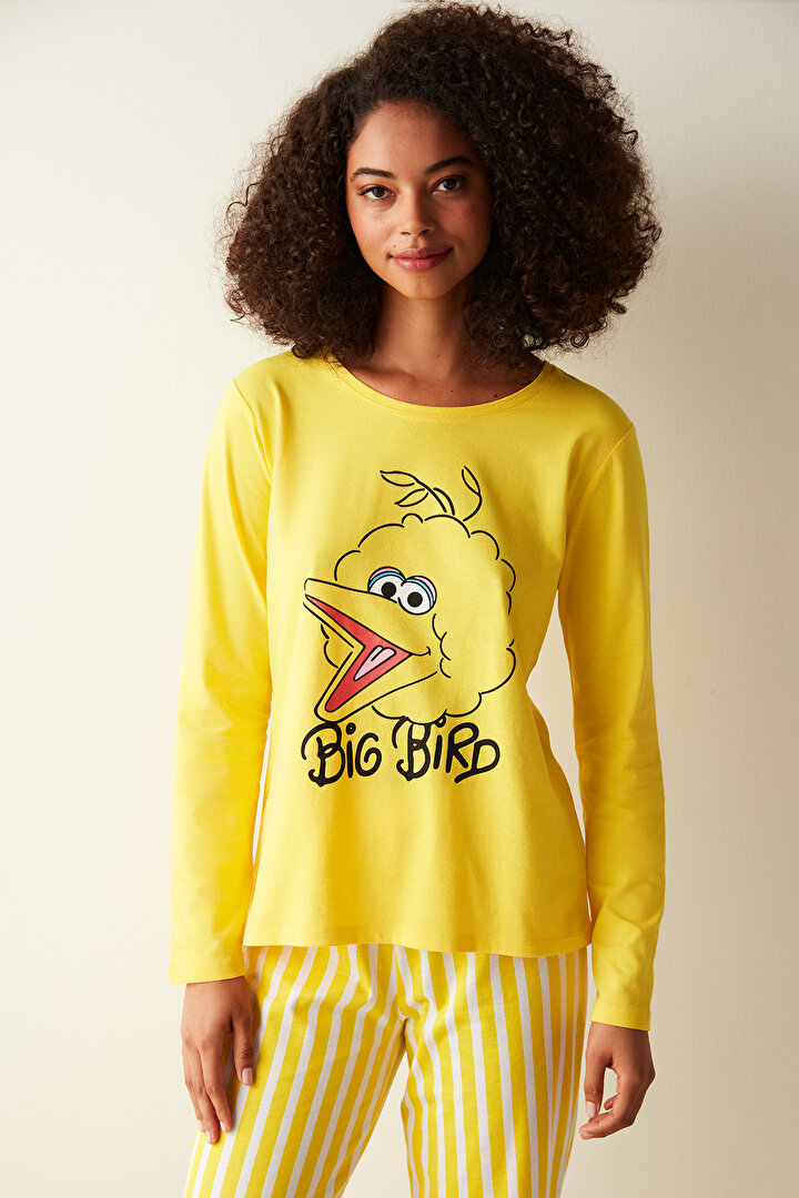 Kuş Baskılı Sarı Pijama Takımı - 2
