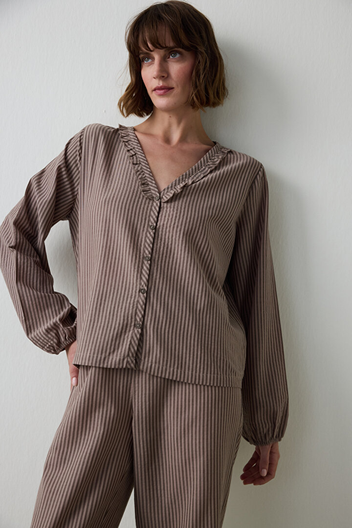Bej Brownish Ekoseli Gömlek Yaka Bağlama Detaylı Pijama Takımı - 2