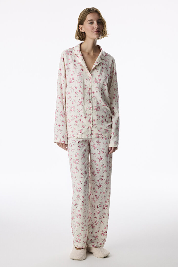 Ekru Blush Garden Çiçekli Uzun Kollu Gömlek Pantolon Pijama Takımı - 1