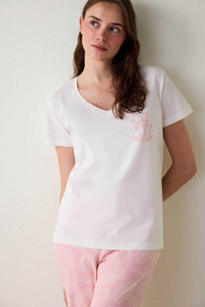 Pembe Çiçek Desenli V Yaka Kısa Kollu Pijama Takımı - 2