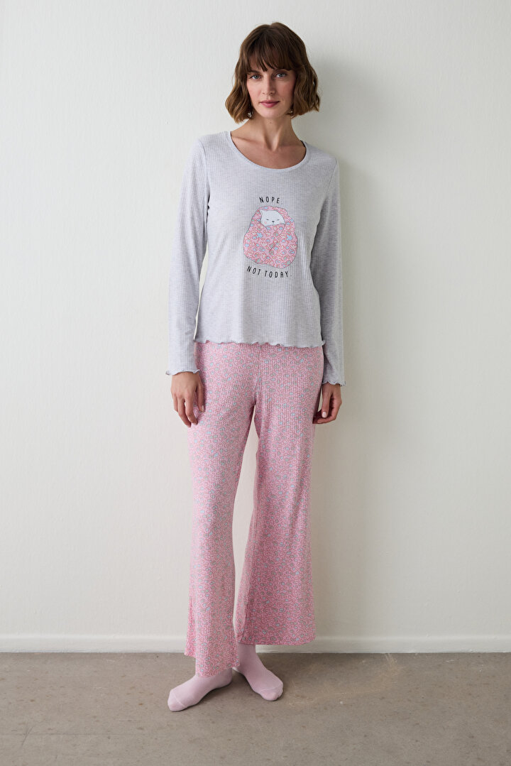 Açık Gri Melanj Not Today Baskılı U Yaka Uzun Kollu Pijama Üstü - 1