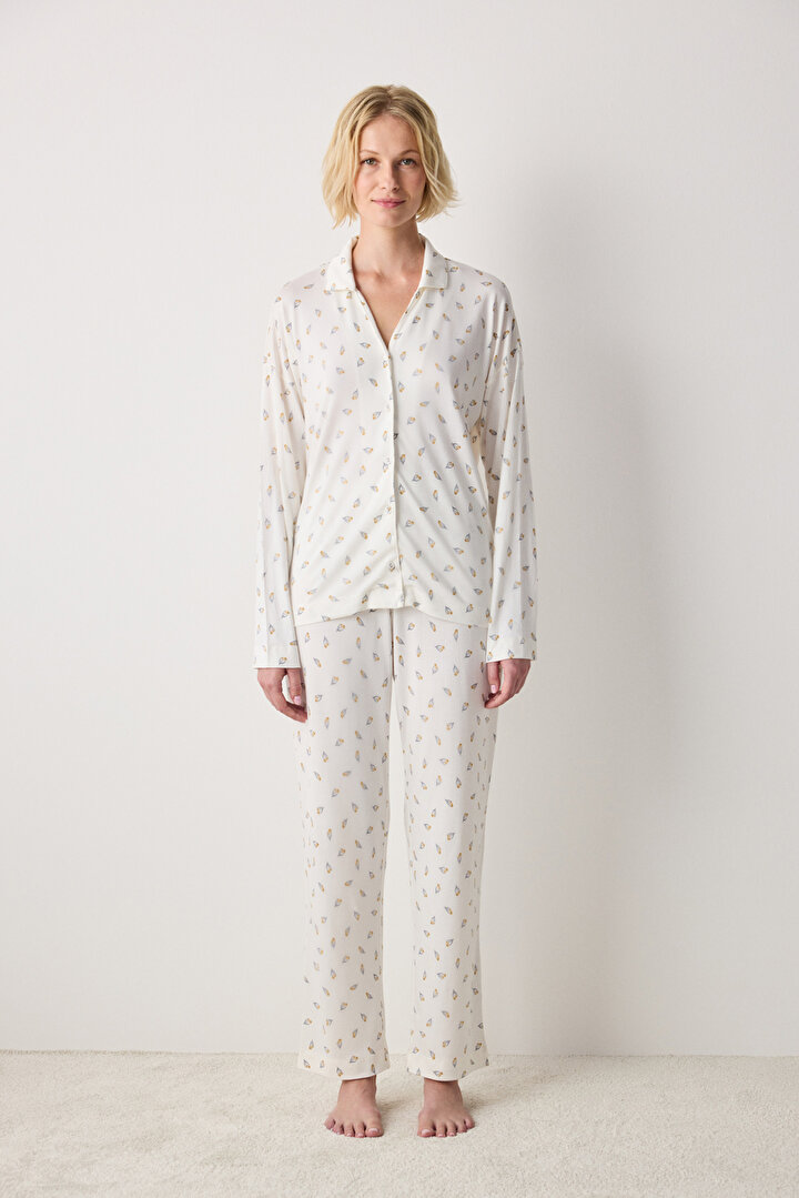 Collegen Floral White Shirt Pant PJ Set - 2