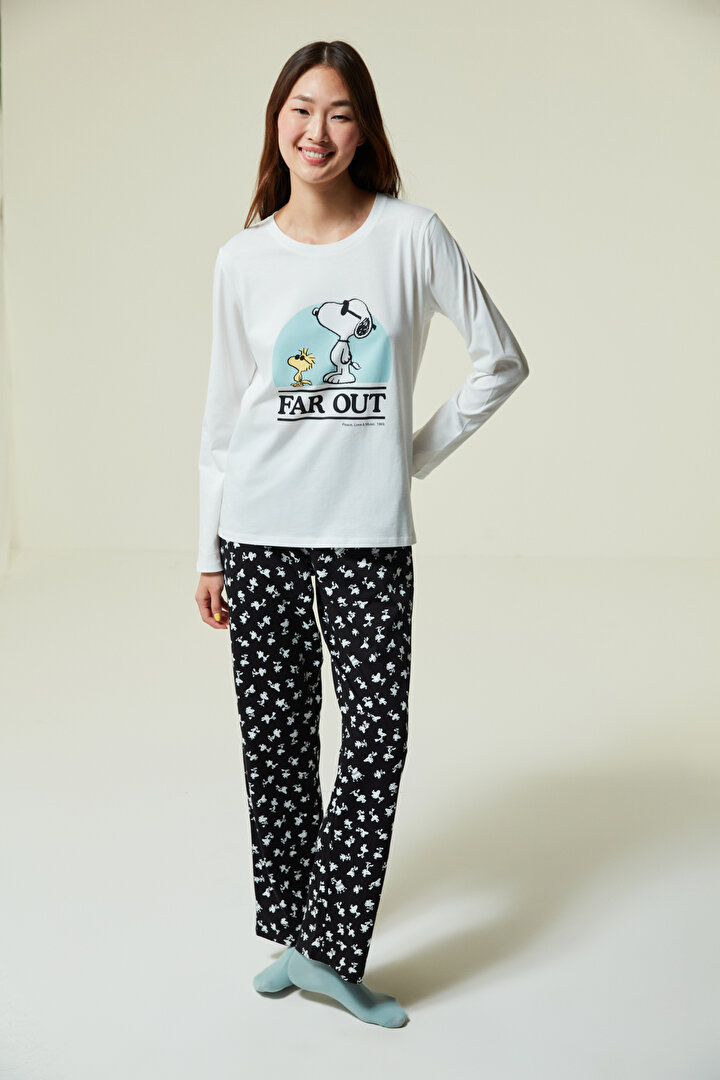 Slogan Baskılı Snoopy Desenli Pijama Takımı - 2