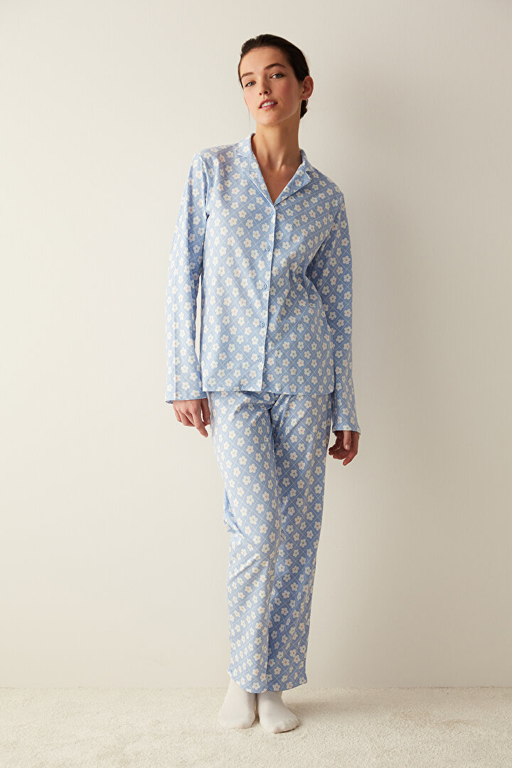 Base Floral Mavi Gömlek Pantolon Pijama Takımı - 1