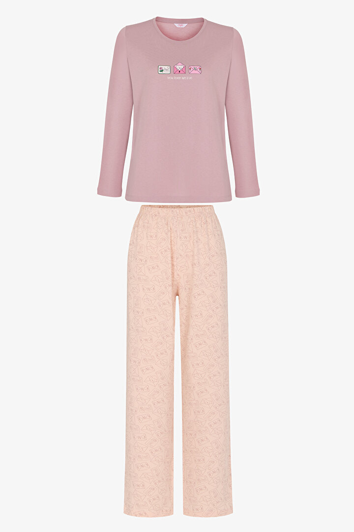 Açık Pembe Naps&cats Kedi Desenli Uzun Kollu Pantolon Pijama Takımı - 1