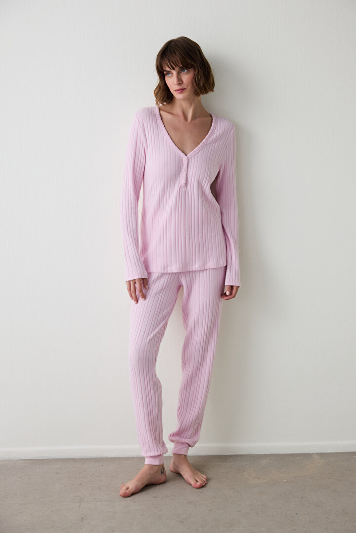 Açık Pembe Cozy Time V Yaka Uzun Kollu Pijama Takımı - 1