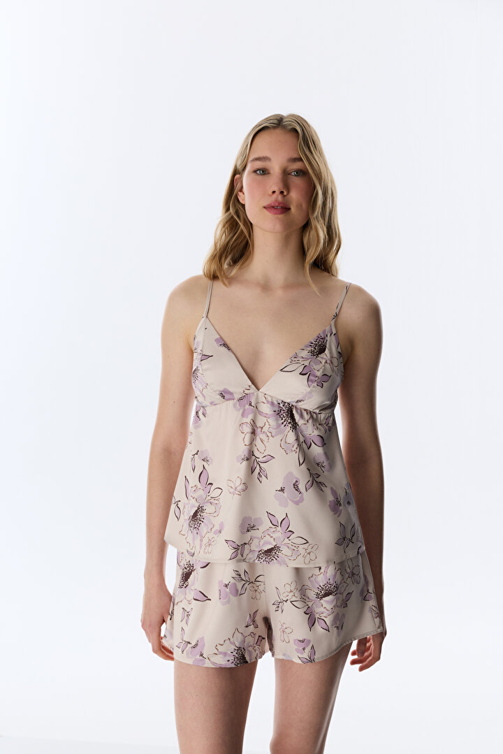 Pastel Bej Petal Saten Şort Pijama Altı - 1