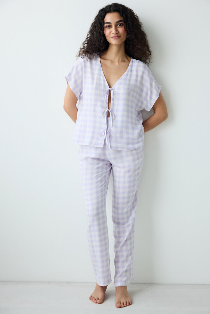 Purple Gingham Pantolon Pijama Takımı - 1