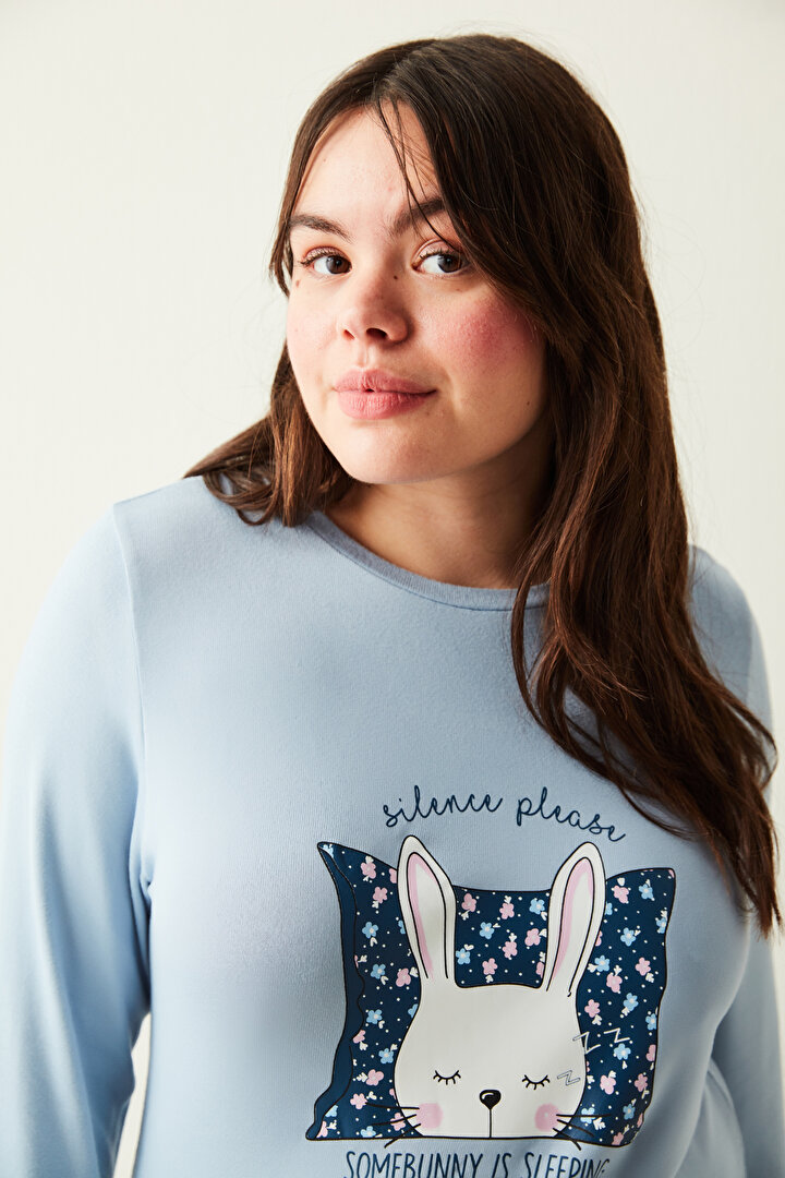 Mavi Tavşan Desenli Termal Pijama Takımı - 2