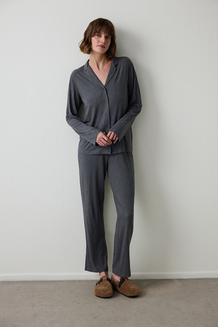 Gri Melanj Fitilli Gömlek Yaka Uzun Kollu Pijama Takımı - 1