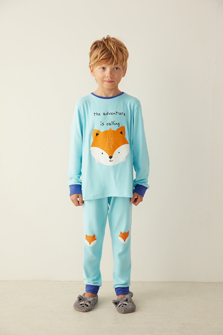 Mavi Erkek Çocuk Tilki Baskılı Termal Pijama Takımı - 1