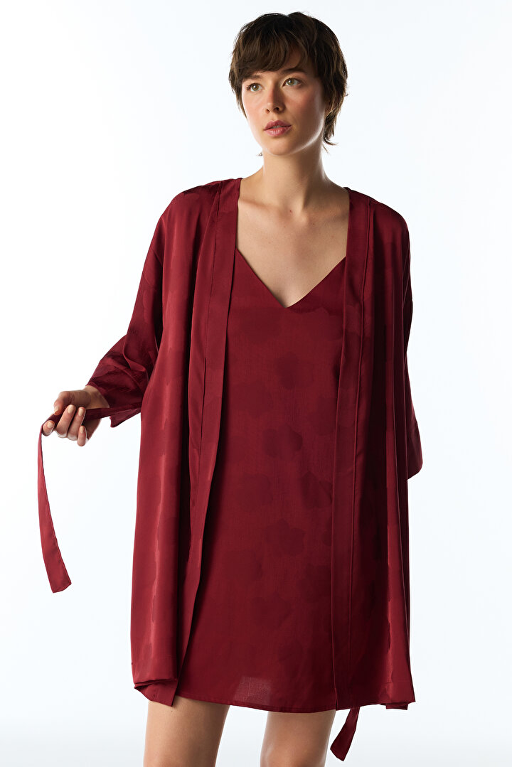 Bordo Orquidea Saten Çiçekli 3/4 Kollu Sabahlık - 1