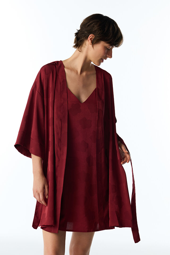 Bordo Orquidea Saten Çiçekli 3/4 Kollu Sabahlık - 2