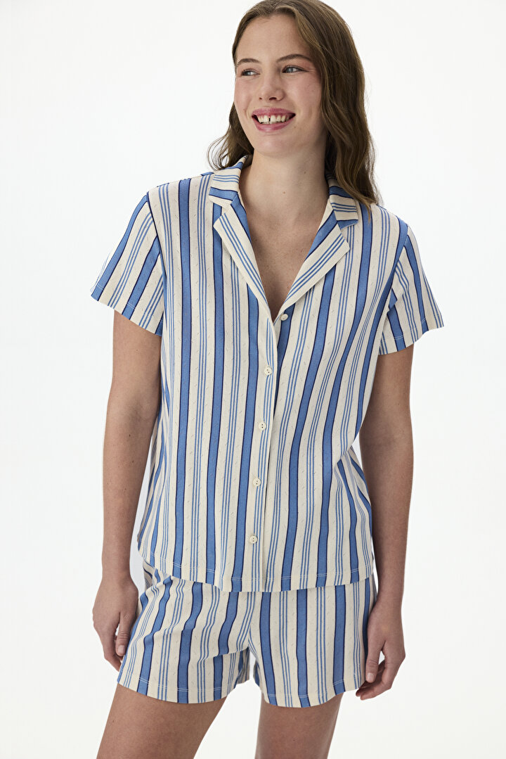 Striped Pointel Gömlek Şort Pijama Takımı - 1