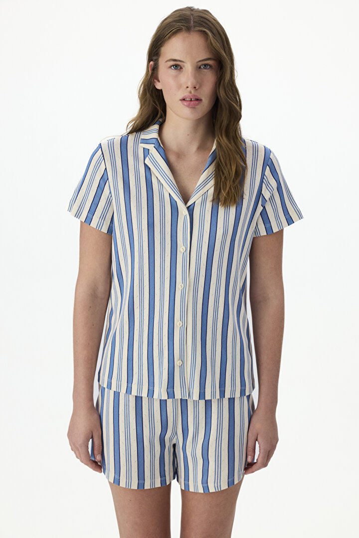 Striped Pointel Gömlek Şort Pijama Takımı - 2