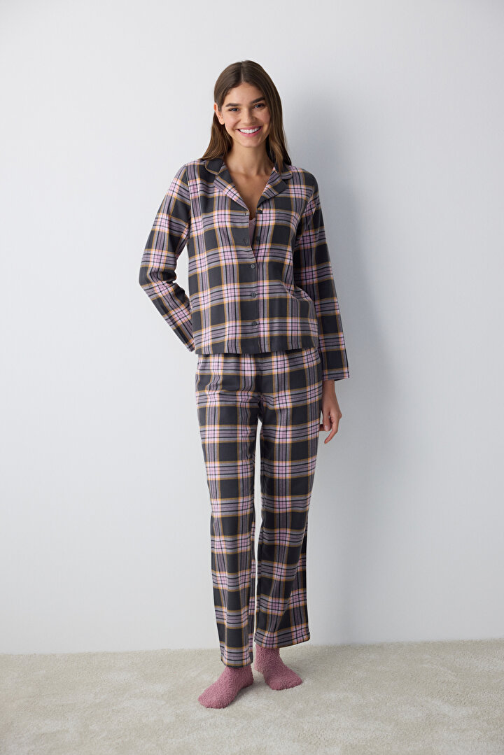 Halie Checked Grey Shirt Pant PJ Set - 2