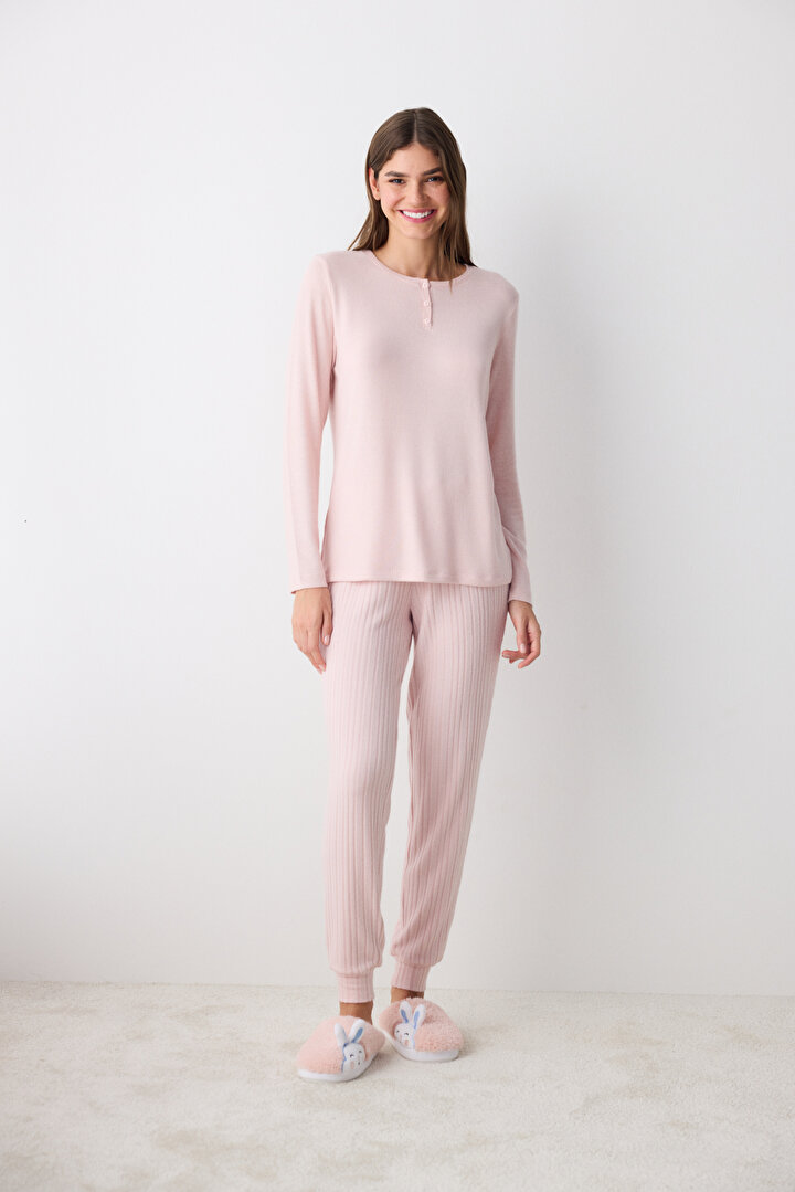 Pink Soft Gül Kurusu Pembe Pantolon Pijama Takımı - 1