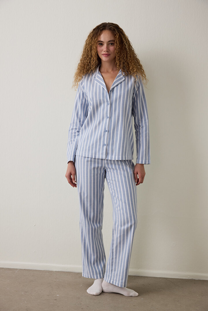 Açık Mavi Cozy Çizgili Gömlek Yaka Düğmeli Uzun Kollu Pijama Takımı - 1