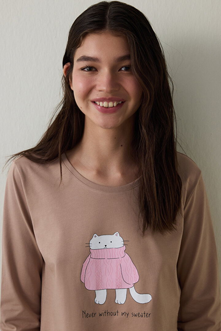 Bej ENT Bisiklet Yaka Slogan Baskılı Pamuklu Sweatshirt Pijama Takımı - 1