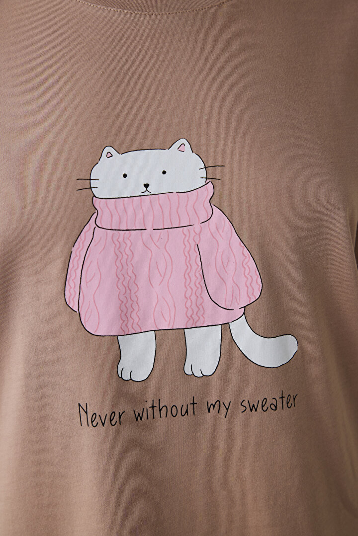 Bej ENT Bisiklet Yaka Slogan Baskılı Pamuklu Sweatshirt Pijama Takımı - 2